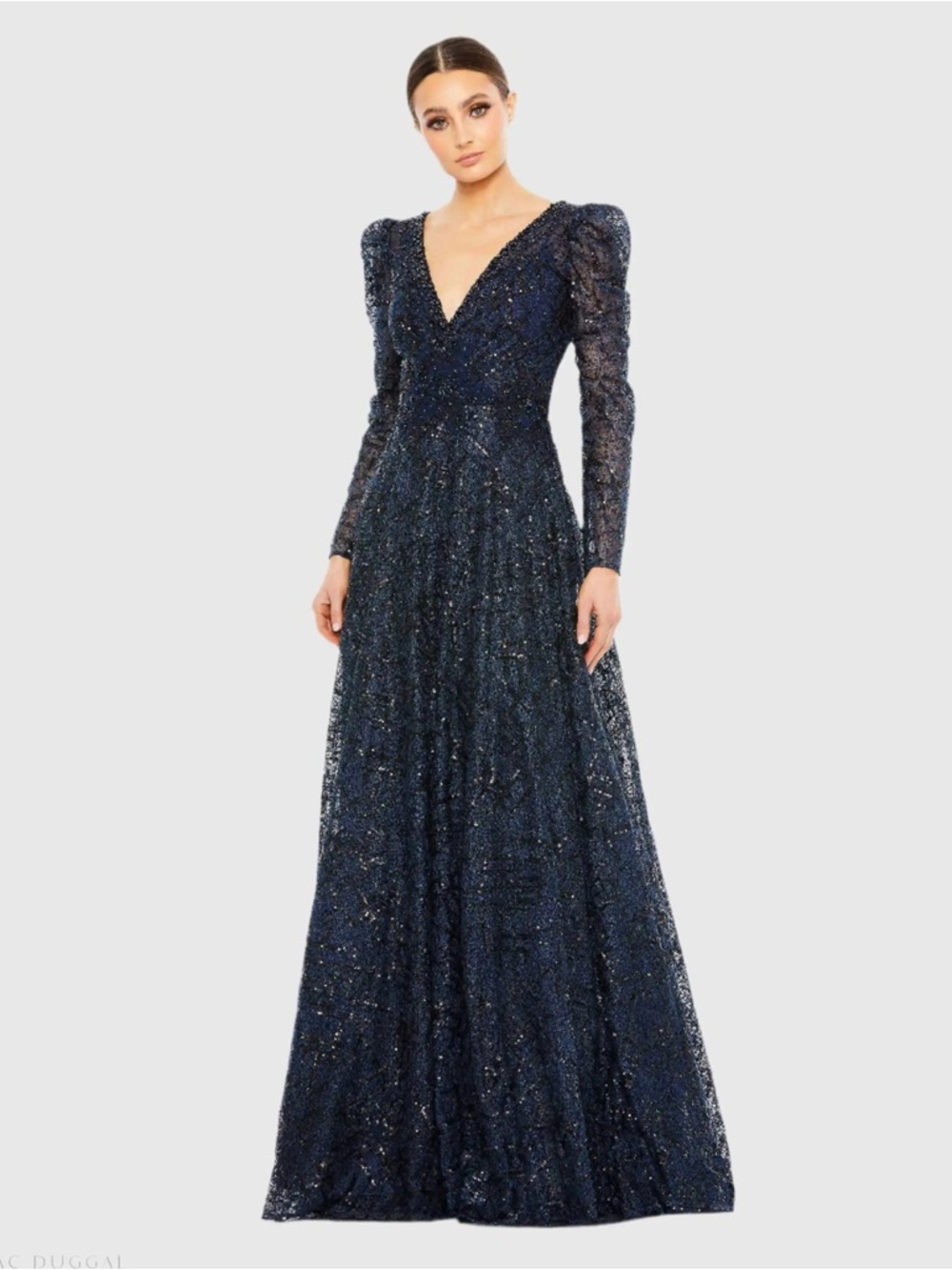 Mac Duggal 20353 Navy Embellished V Neck Long Sleeve A Line Gown Size 10 NWT